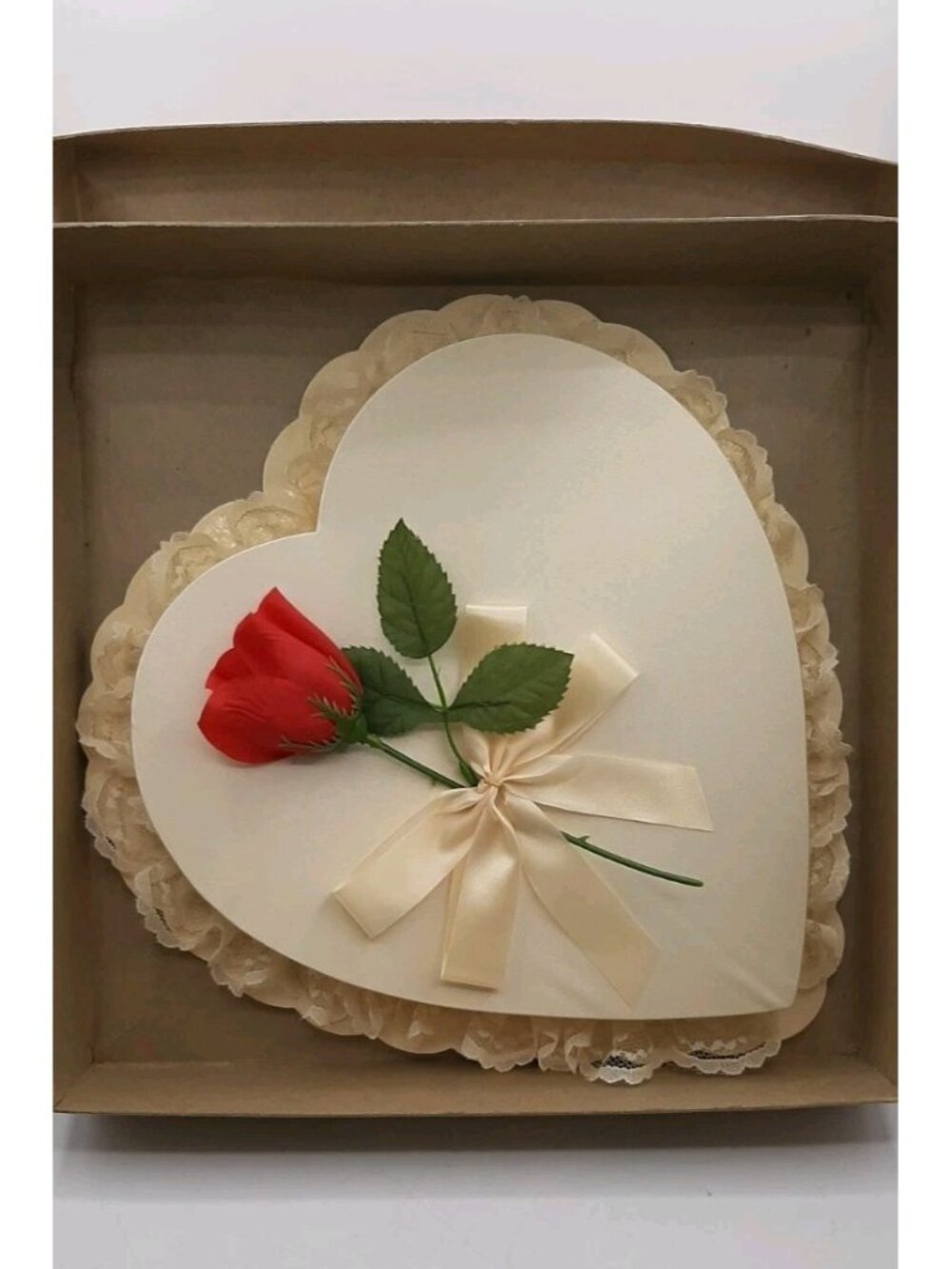 Vintage Fancy Valentine Heart Candy Box Moirs Deluxe White Ruffled Heart Box
